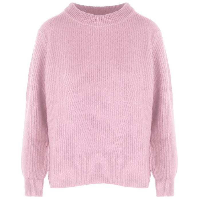 Pink Cashmere Women Sweater with Ribbed Embroidery