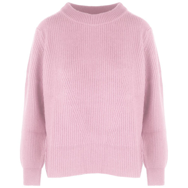 Pink Cashmere Women Sweater with Ribbed Embroidery