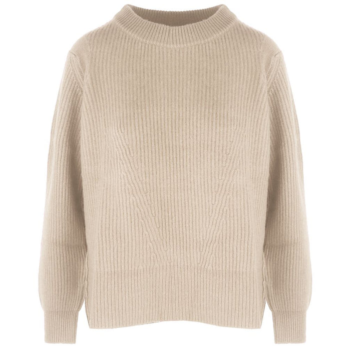 Beige Cashmere Women Sweater with Side Slit and Ribbed Detail