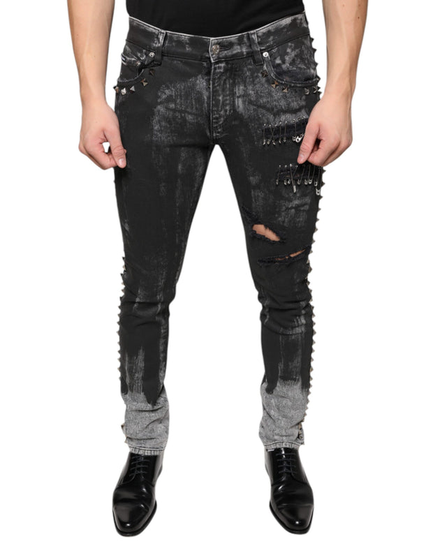 Black Embellished Cotton Skinny Denim Jeans