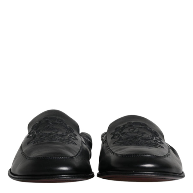 Black Logo Embroidered Leather Loafer Men Dress Shoes