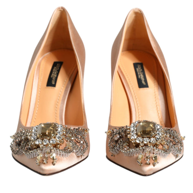 Beige Satin Crystal High Heels Pumps Shoes