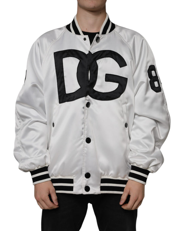 White Polyester Logo Full Zip Bomber Jacket