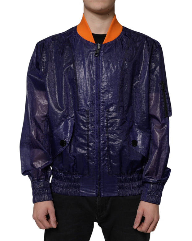 Blue Cotton Stretch Full Zip Bomber Jacket