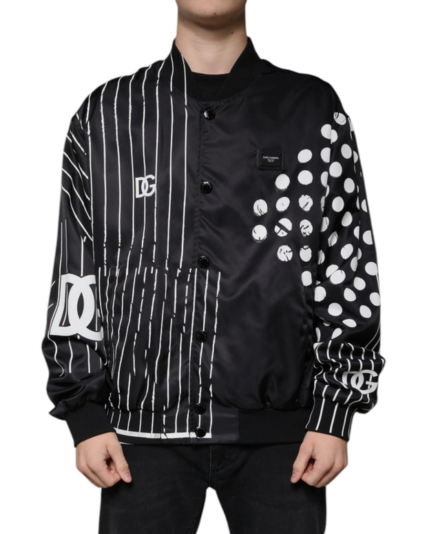 Black Polka Dot Stripe Nylon Bomber Jacket