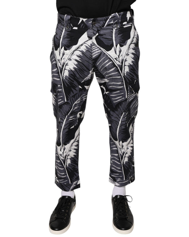 Gray Banana Leaf Cotton Stretch Capri Pants