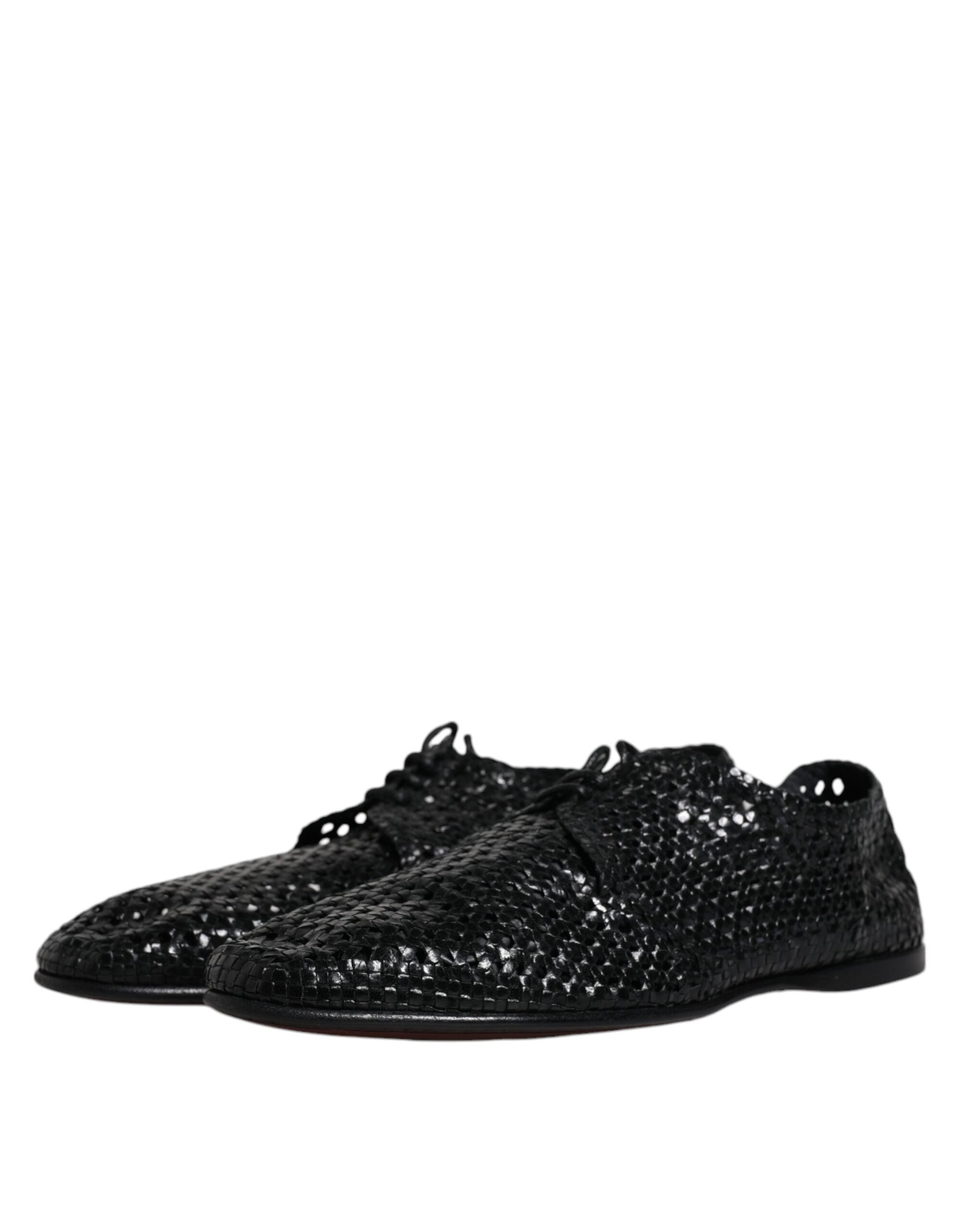 Black Woven Leather Lave Up Derby Shoes