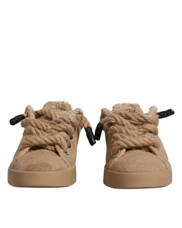 Brown Jute Fabric Low Top Men Sneakers Shoes