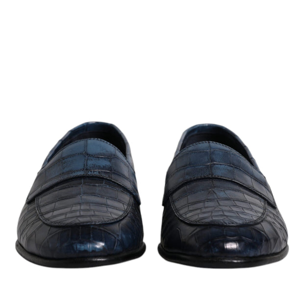 Blue Exotic Leather Moccasin Slip On Shoes