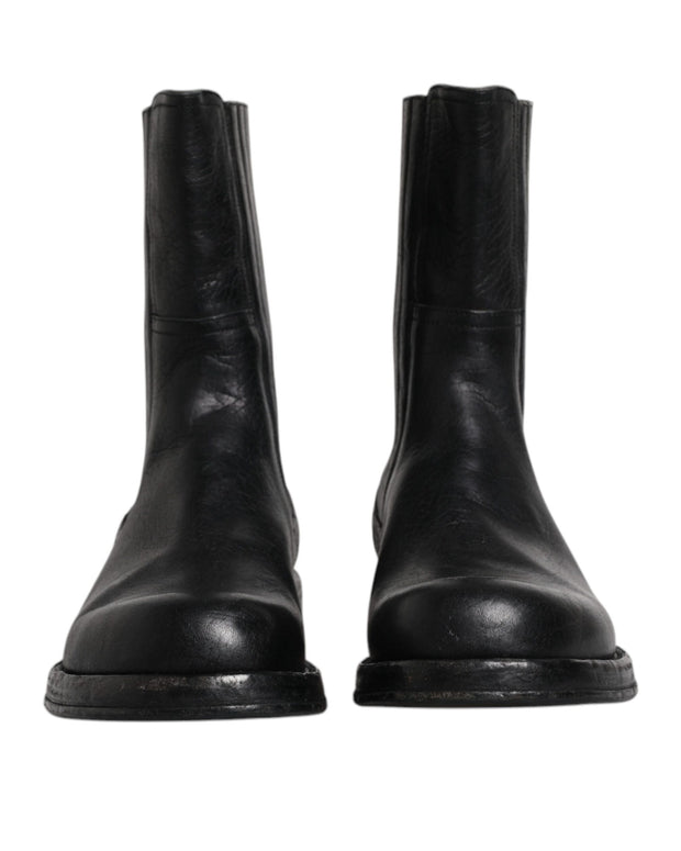 Black Horse Leather Mid Calf Boots Shoes