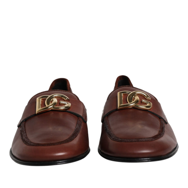 Brown Leather Logo Slip On Men Loafers Shoes