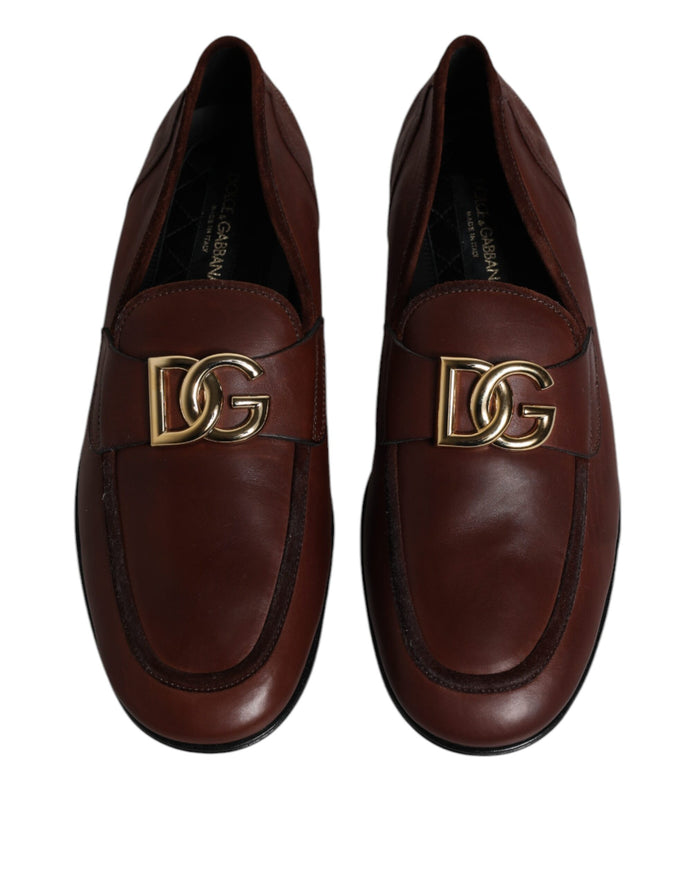 Brown Leather Logo Slip On Men Loafers Shoes