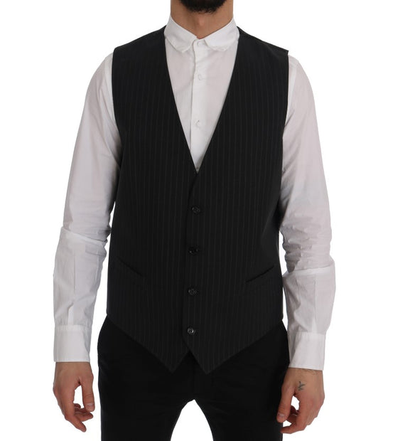 Elegant Gray Striped Men's Waistcoat Vest