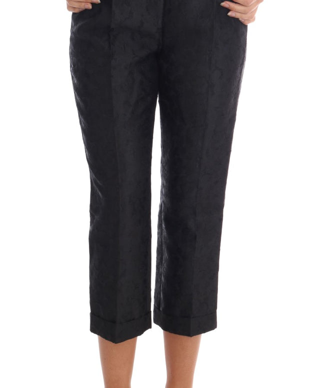 Black Floral Brocade Capri Pants
