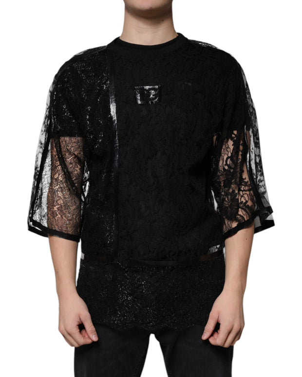 Black Nylon Floral Lace Crew Neck T-shirt