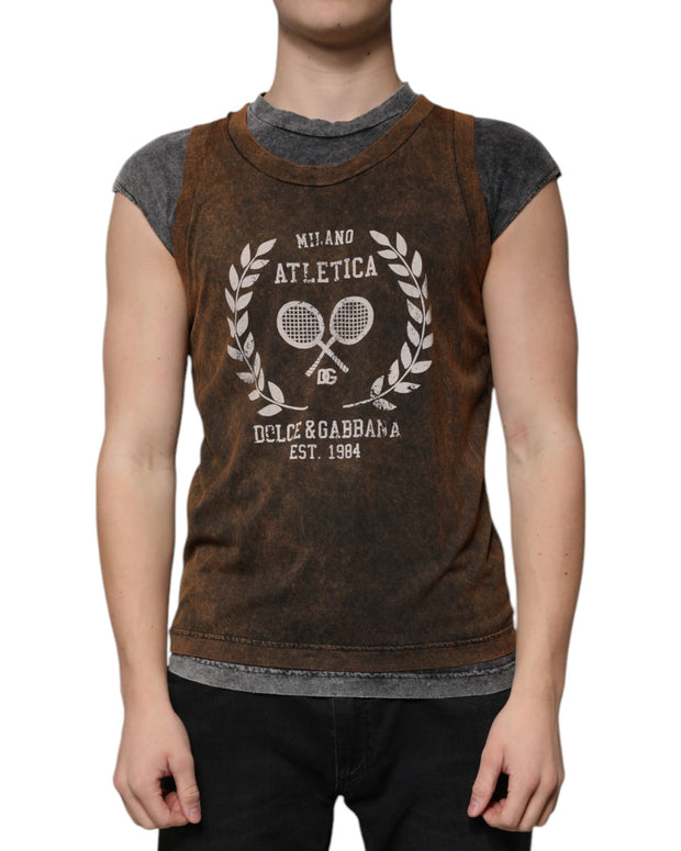 Brown Cotton Crew Neck Sleeveless T-shirt