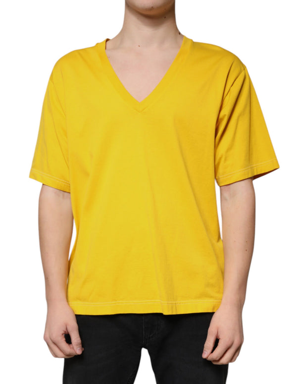 Yellow Cotton V-neck Short Sleeves T-shirt
