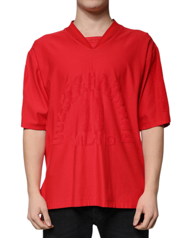 Red Cotton V-neck Short Sleeves T-shirt