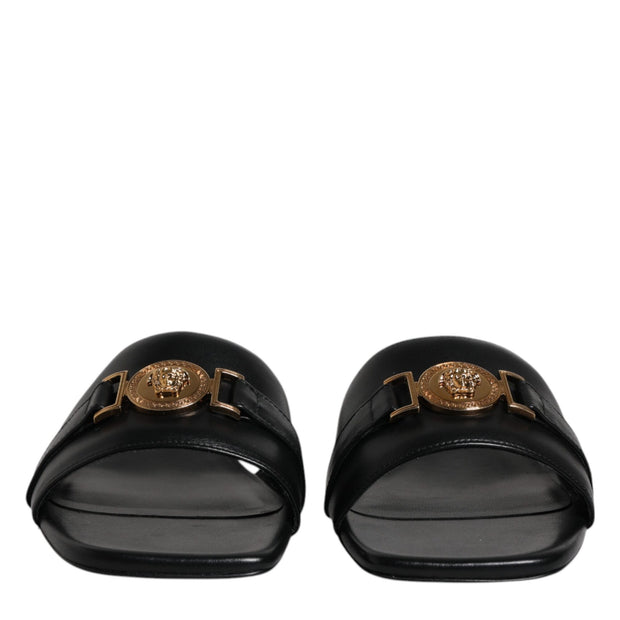 Black Leather Logo Plaque Slip On Slides Flats Shoes