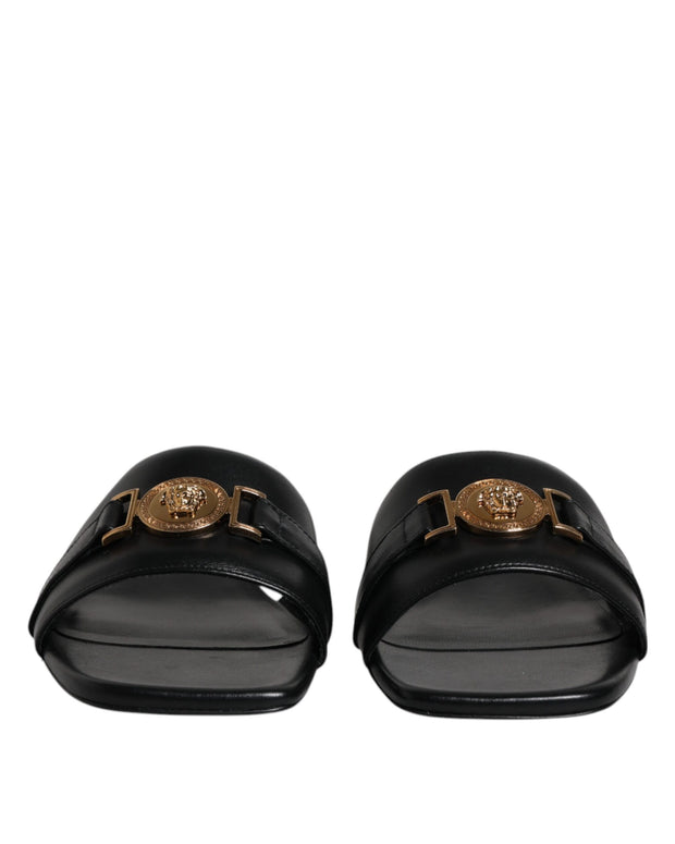 Black Leather Logo Plaque Slip On Slides Flats Shoes