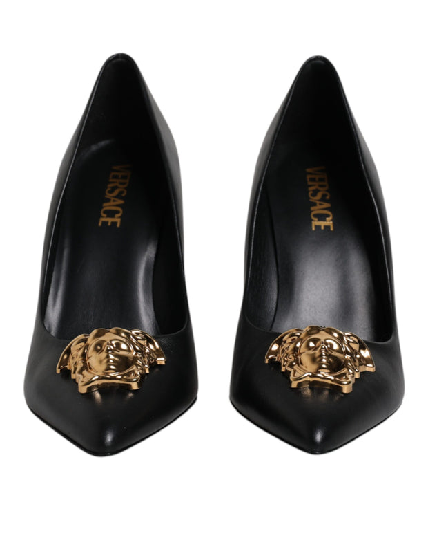 Black Leather Logo Plaque High Heels Pumps Shoes