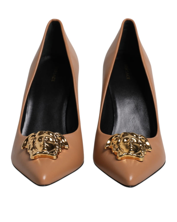 Brown Leather Logo Plaque High Heels Pumps Shoes