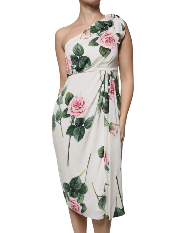 White Floral Silk One Shoulder Midi Dress