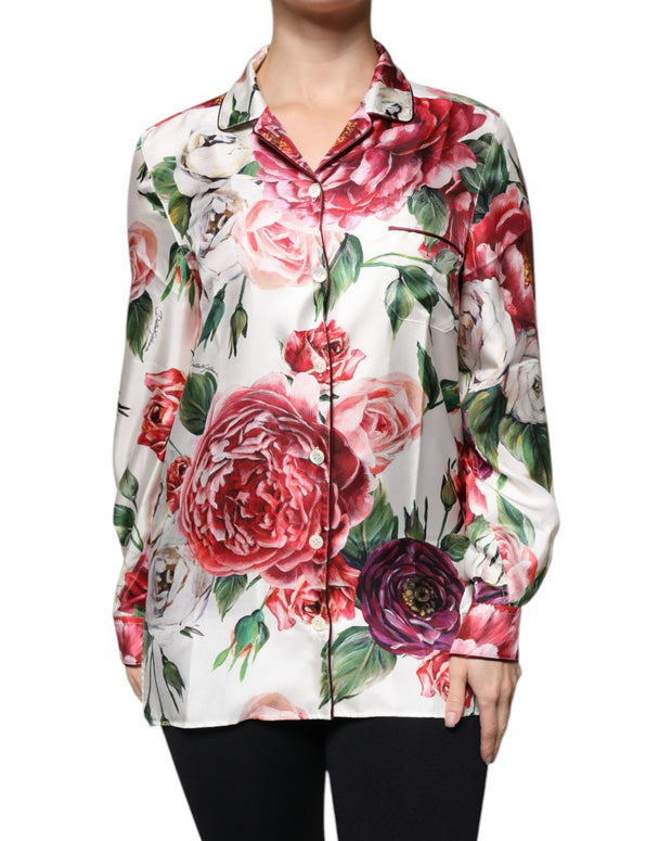 White Peony Silk Long Sleeves Collared Blouse Top