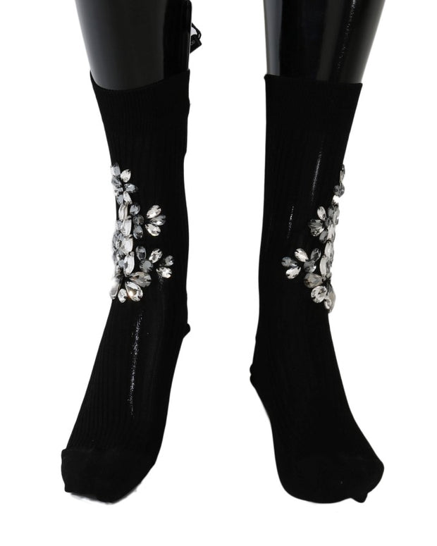 Black Knitted Floral Clear Crystal Socks
