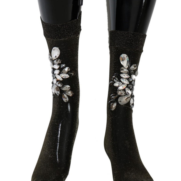 Crystal-Embellished Black Mid-Calf Stockings