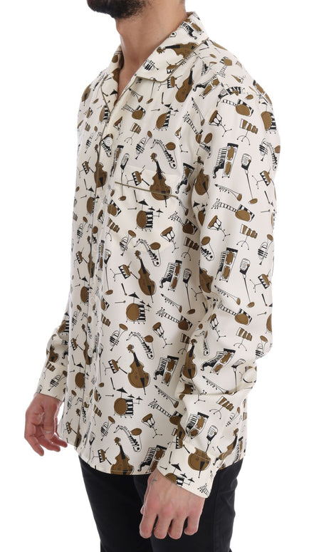 White Silk JAZZ Motive Print Shirt