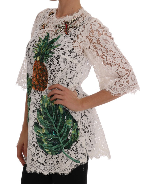 White Crystal Embellished Lace Blouse