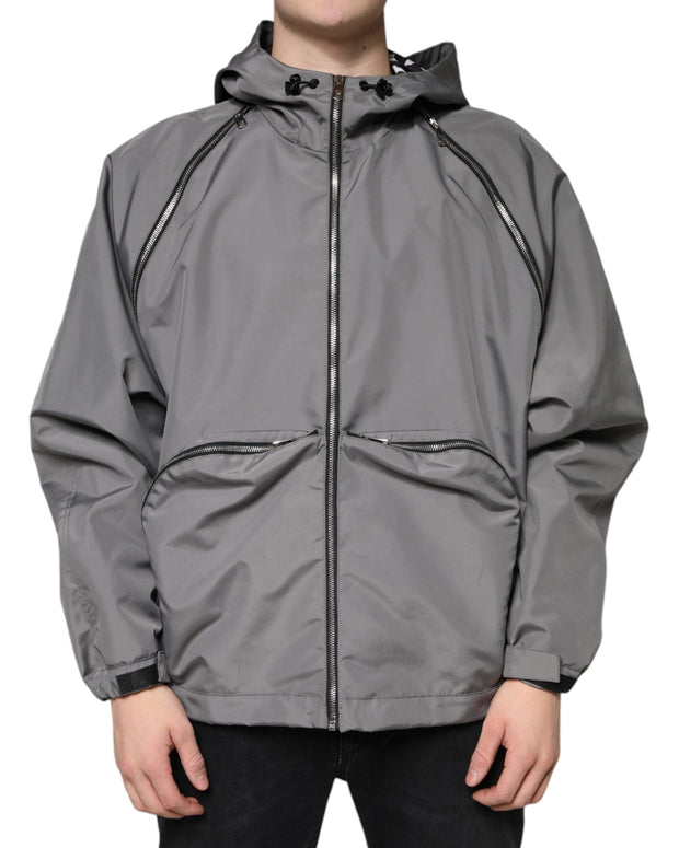Gray Polyester Hooded Men Full Zip Jacket