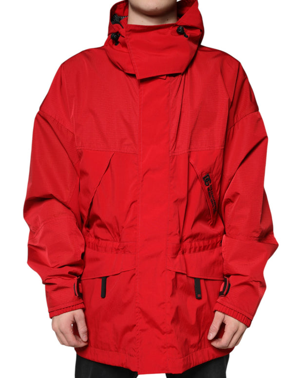 Red Nylon Hooded Men Full Zip Parka Jacket