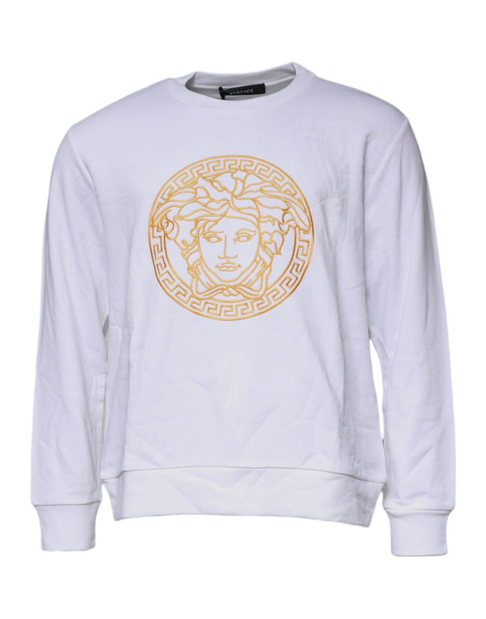 White Medusa Embroidery Crew Neck Pullover Sweater