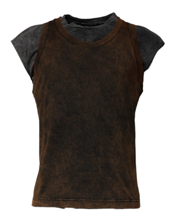 Brown Cotton Round Neck Sleeveless T-shirt