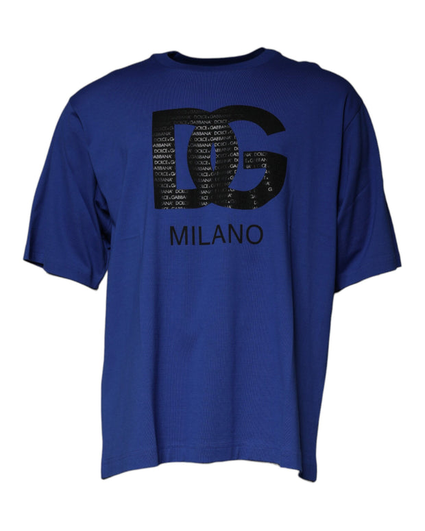 Blue Logo Print Cotton Men Crew Neck T-shirt