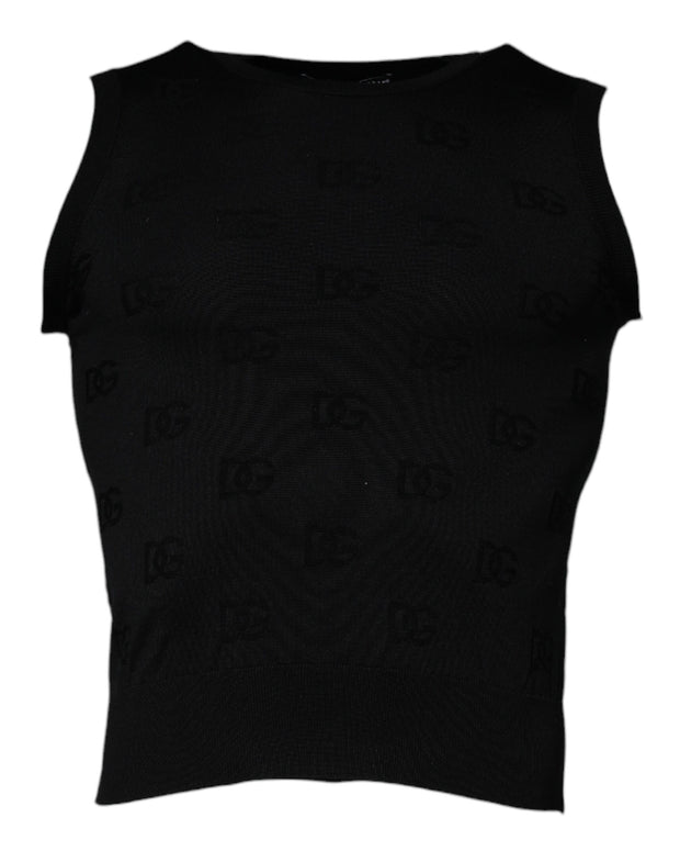 Black Silk Round Neck Sleeveless T-shirt