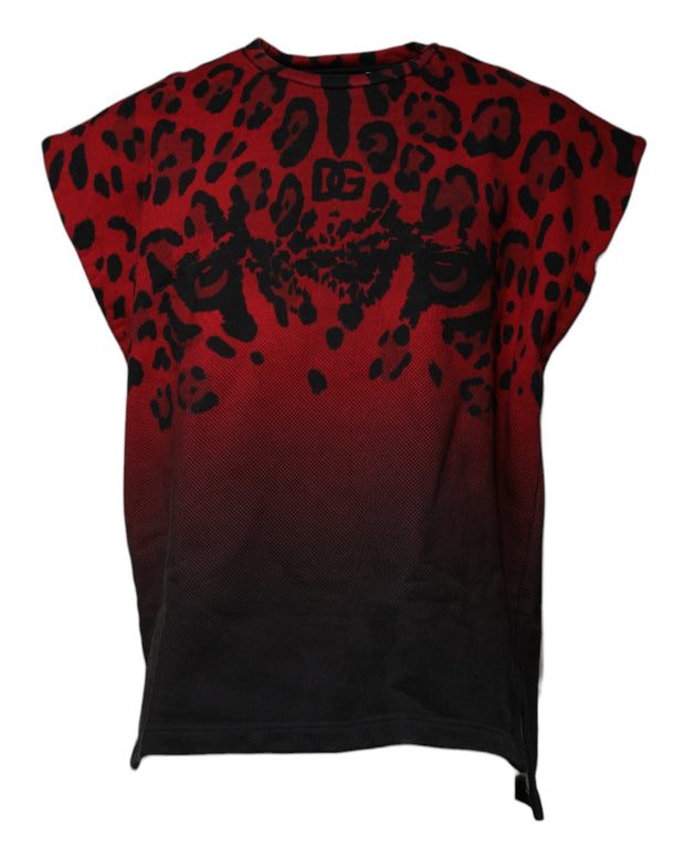 Red Leopard Print Cotton Sleeveless T-shirt