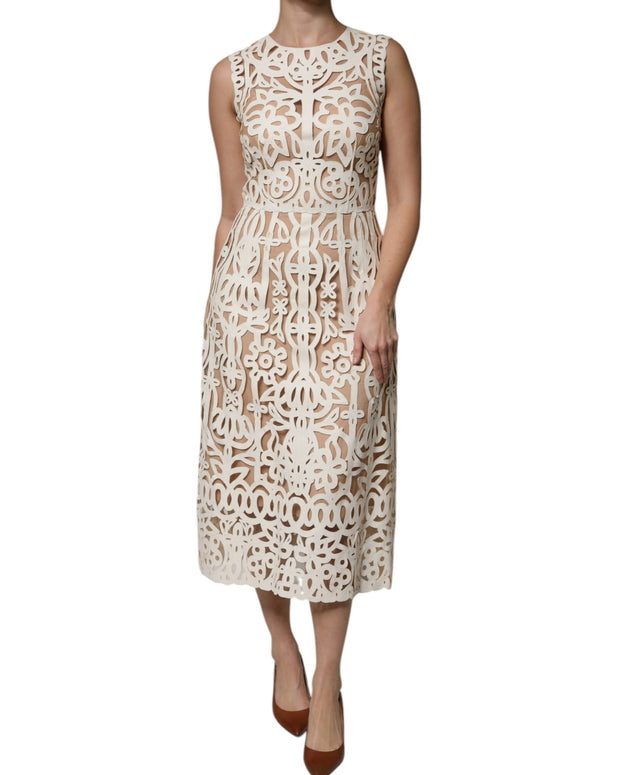 White Cut Out Leather Sleeveless Midi Dress