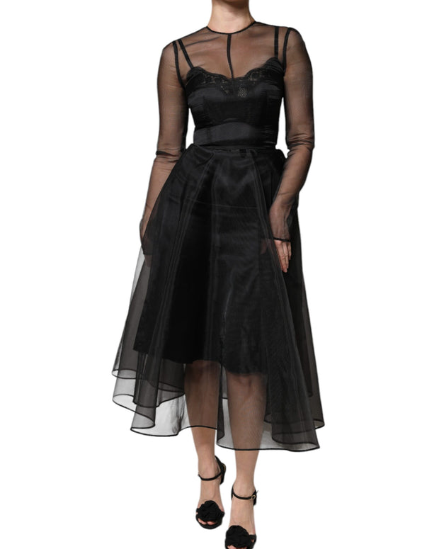 Black Tulle A-line Midi Cocktail Gown Dress