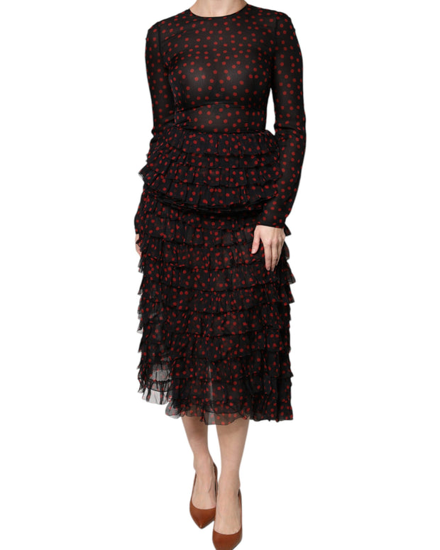 Black Red Polka Dot Silk Layered Midi Dress