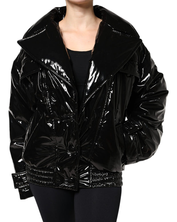 Black Polyester Button Down Blouson Jacket