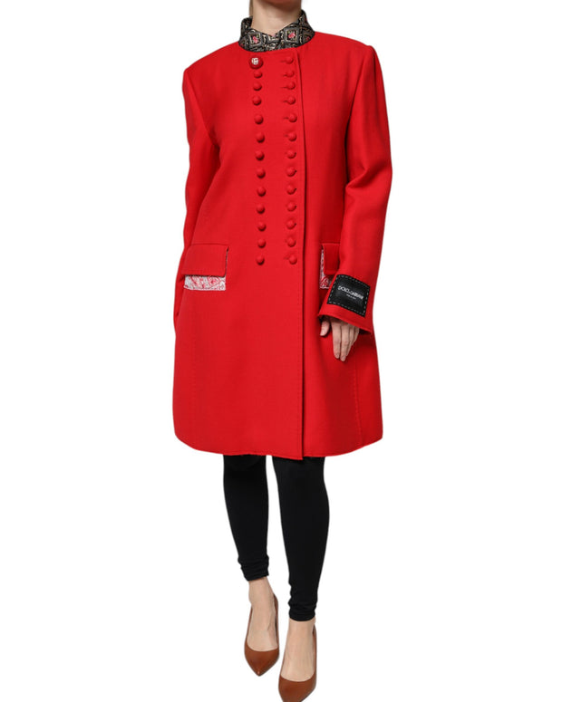 Red Jacquard Wool Women Trenchcoat Jacket