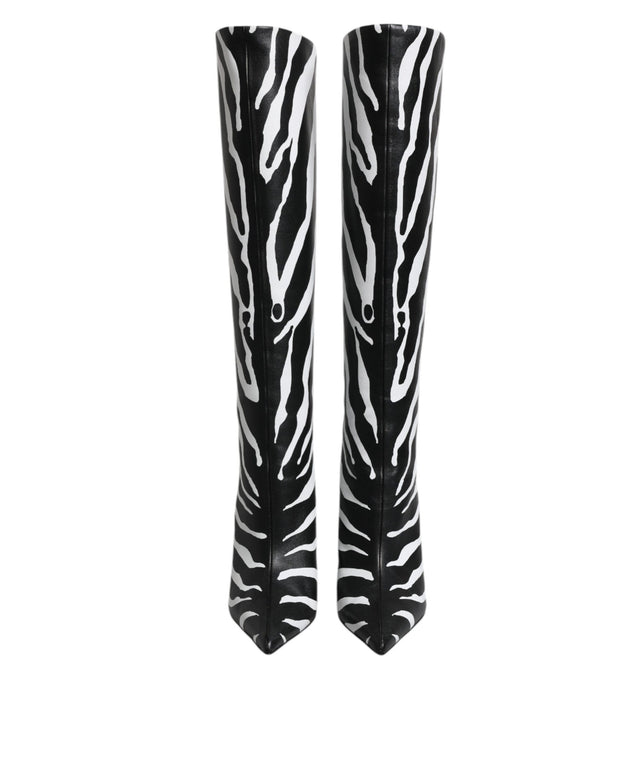 Black White Zebra Heels High Boots Shoes