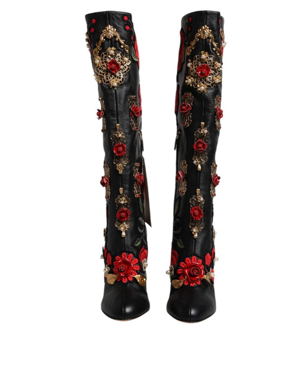 Black Roses Embellished Leather Heel Boots Shoes