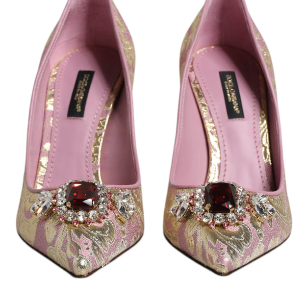 Pink Gold Jacquard Crystal High Heels Pumps Shoes