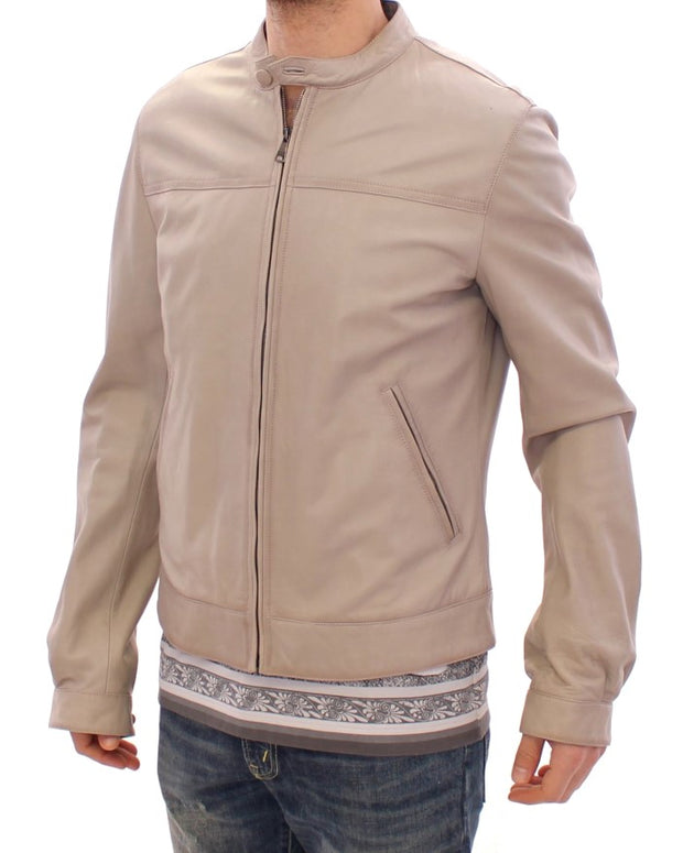 Beige Leather Jacket Biker Coat