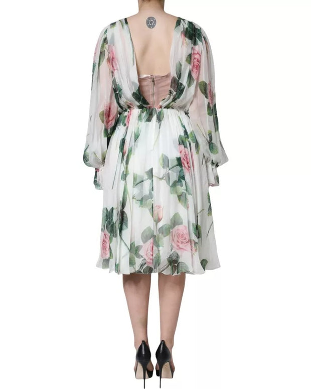 White Silk Floral Print A-line Midi Dress