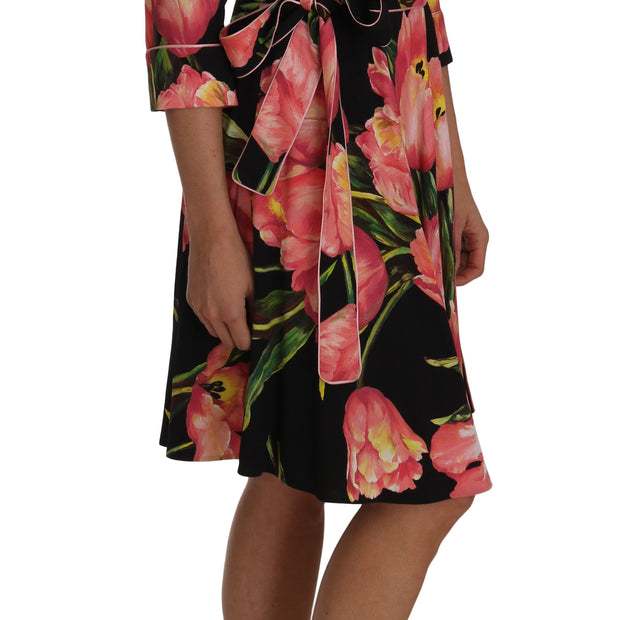 Elegant Black Shift Dress with Pink Tulips Print